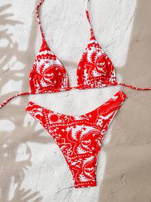 Swim Mod Women's Summer Beach Floral Print Halter Tie Sexy Bikini Swimsuit Set - Multicolor - View 4