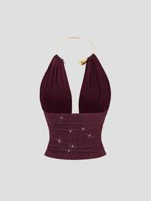 SHEIN Sweetro Áo hai dây choker xếp ly, bóng bẩy, khoét sâu lưng, gợi cảm dành cho nữ, kiểu dáng thời trang, tôn dáng, thích hợp cho tiệc tùng, mùa xuân/hè. - Màu Đỏ Sâu - Xem 2