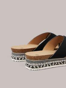 Styleloop Giày sandal đế xuồng cao gót mùa hè cho nữ, sandal hở mũi bằng dây gai dầu đan, đính đá lấp lánh, giày đi nghỉ mát phong cách bohemian, sandal La Mã, dép đi biển. - màu đen - Xem 4