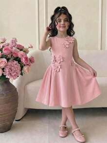 SHEIN Serisse Kids 少女優雅淡粉色夏季3D花朵裝飾無袖圓領A字裙，適合婚禮、茶會、雞尾酒會的開花洋裝 - 粉色 - 查看 8