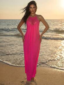 Vestido de cubierta largo sin mangas con abertura lateral y cuello halter para mujer de verano en la playa - Rosa Fucsia - Ver 2