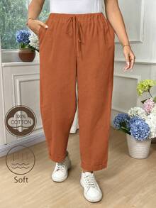 SHEIN LUNE Plus Size Women Cotton Fold-Over Waist Tie Pocket Pants Fall - Khaki - View 1