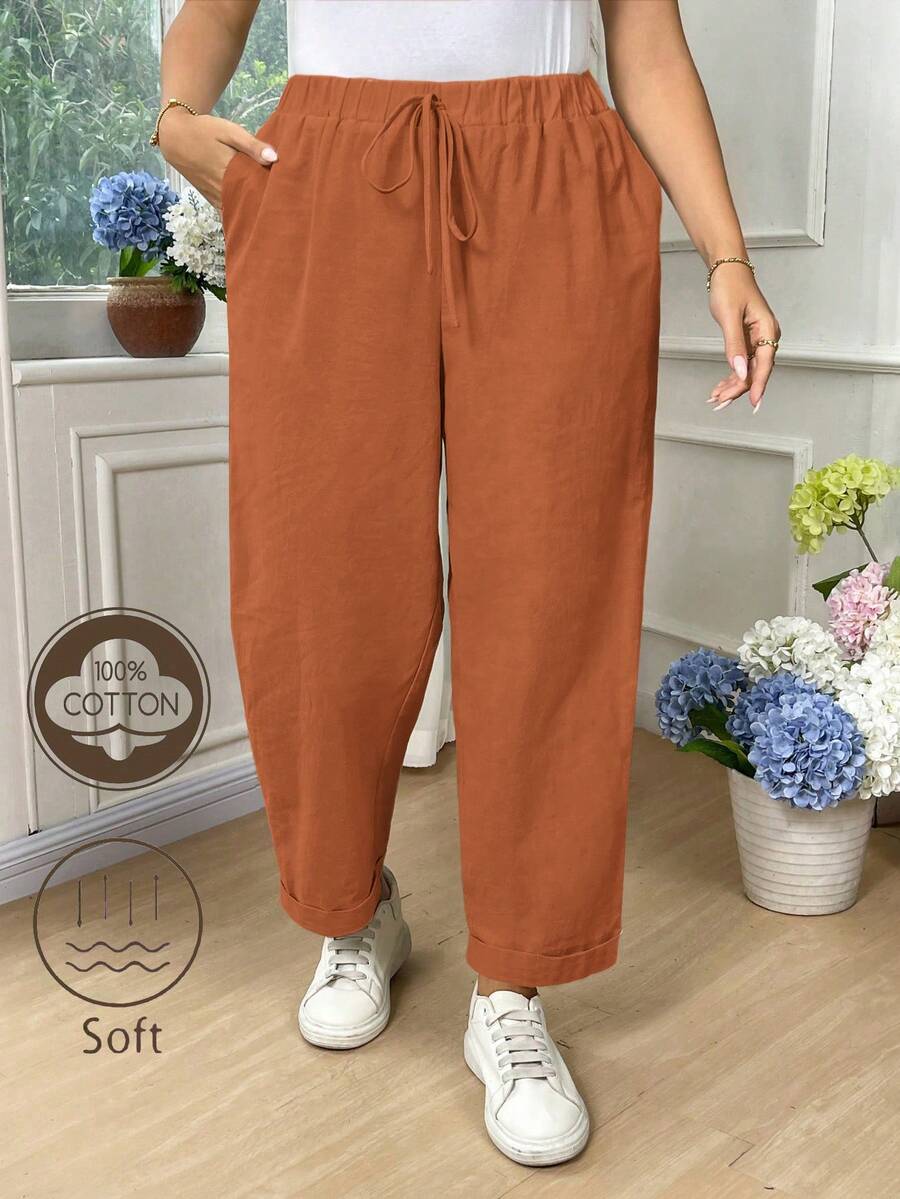 SHEIN LUNE Plus Size Women Cotton Fold-Over Waist Tie Pocket Pants Fall - Khaki - View 1