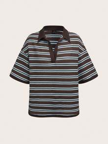 SHEIN ICON 两件套休闲简约风蓝紫色撞色华夫格条纹Polo领宽松T恤和配套短裤，适合春夏、学院风、运动季穿着。 - 彩色 - 查看 4