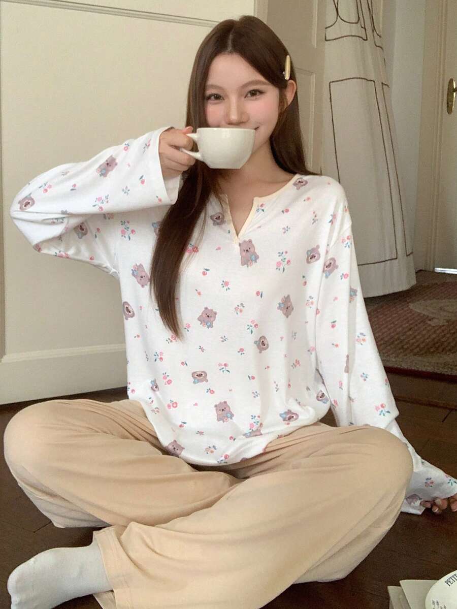 DAZY Cute Cartoon Animal & Ditsy Floral Contrast Trim Loose Fit Women Pajama Top - White - View 1