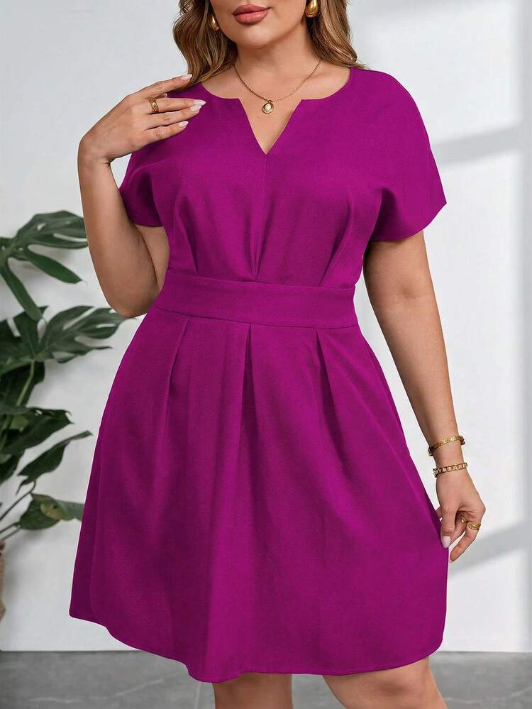 SHEIN Clasi Vestido de verano elegante para mujer de talla grande, unicolor, con cuello en pico y cinturón - Rojo violeta - Añade 3