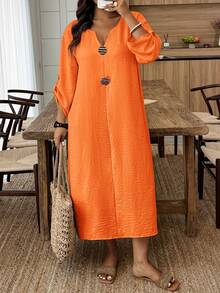 Weeklong Plus Size Women V-Neck Casual Party Dress Fall - Orange - View 1