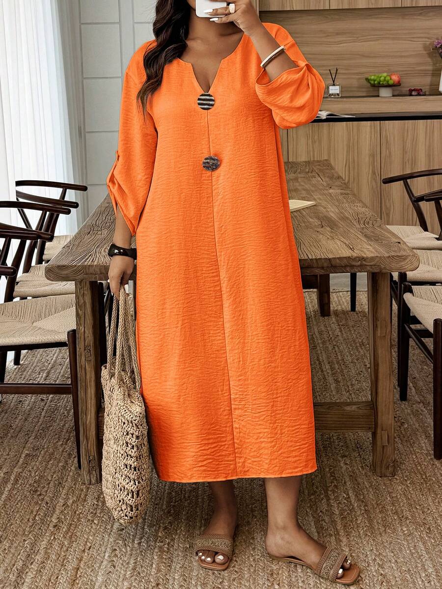 Weeklong Plus Size Women V-Neck Casual Party Dress Fall - Orange - View 1