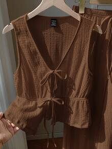 SHEIN Comfortcana Bộ vest nữ màu nâu buộc dây và quần dài, kiểu dáng thường ngày. - màu nâu - Xem 3