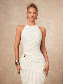 Lumalex Đầm dài Jacquard vai hẹp dành cho nữ - Màu be - Xem 2