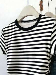 Tween Girls Classic Black And White Striped Round Neck Side Ruched Fitted Short Sleeve T-Shirt,Casual Summer School Back To School Essential Tee - White - View 3