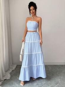 Elenzga Bộ 2 món áo croptop và chân váy kẻ sọc thanh lịch mùa hè dành cho nữ, bộ váy dài 2 món, bộ váy dài phong cách Bohemian 2 món, bộ chân váy mùa hè, bộ đồ Bohemian 2 món, phong cách nghỉ hè, bộ đồ đi biển 2 món dành cho nữ - Xanh và trắng - Xem 6