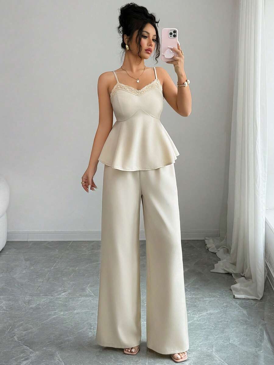 Elenzga Bộ đồ nữ thời trang gồm áo hai dây phối ren và quần ống rộng có túi, trang phục đi nghỉ mát 2 mảnh, bộ đồ hè cho nữ, bộ đồ hè 2 mảnh, phong cách nghỉ hè, bộ đồ đi biển 2 mảnh cho nữ - Màu be - Xem 1