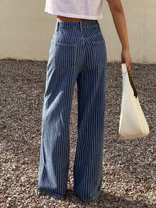 Livesso Quần jeans nữ kẻ sọc có túi, dáng suông, rộng rãi, thoải mái, đa năng. - Rửa trung bình - Xem 5