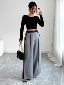 SHEIN Elenzya Pantalones de traje de mujer de pierna ancha negros con ribete gris elegante - Gris - Ver 6