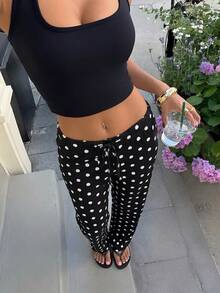 Muchica Woven Black White Polka Dot Polka Dot Women Casual Vacation Pants, Summer Business Cute For Woman Outfits Day Vacation City Break Vacation - Black - View 6