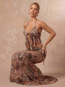 Lumalex Bộ đồ hai mảnh gợi cảm dành cho nữ: áo crop top hở lưng buộc dây phía trước và chân váy đuôi cá, họa tiết da báo, phong cách đi biển/nghỉ dưỡng. - Rỉ Nâu - Xem 7