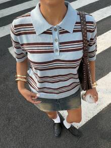 Muchica Áo thun nữ tay ngắn cổ polo kẻ sọc, kiểu dáng thường ngày, trang phục nghỉ xuân, áo kiểu nữ mặc ngoài, áo kiểu preppy dễ thương, áo tay ngắn đáng yêu, áo kẻ sọc, áo sơ mi kẻ sọc - Nhiều màu - Xem 5
