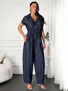 SHEIN 100% Cotton Shirt & Low Waist Balloon Fit Raw Wash Loose Denim Two Pieces Set - Dark Wash - View 3