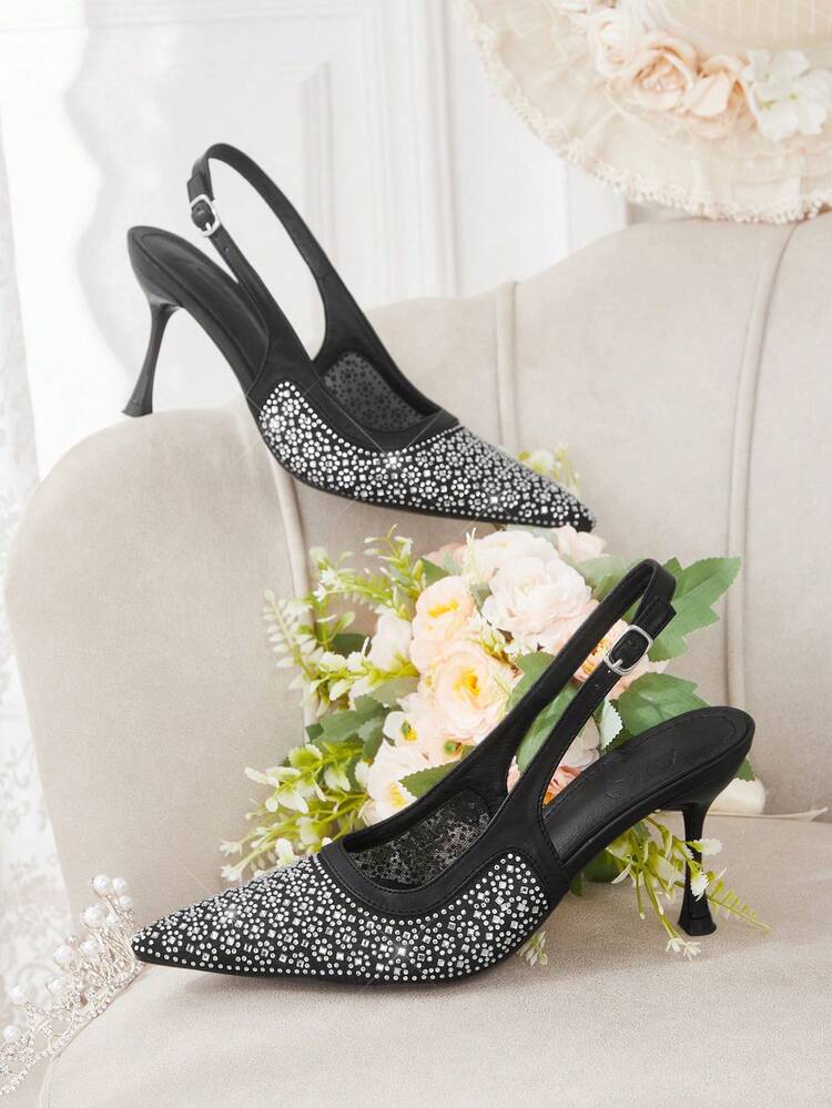 CUCCOO HITCHD Women's Spring/Summer New Mesh Rhinestone Decor Square Toe Ankle Strap High Heel Dress Shoes, Romantic Elegant Black Formal Shoes For Wedding, Valentine's Day
