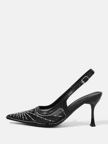 CUCCOO HITCHD Zapatos de vestir de tacón alto con correa de tobillo, decoración de malla y rhinestones, punta cuadrada, para mujer, nuevos para primavera/verano. Zapatos formales elegantes y románticos de color negro para boda, Día de San Valentín - Negro - Ver 3
