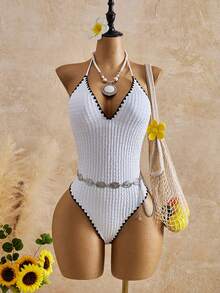 Swim Mod 女士春夏新款黄色纹理面料浅蓝色花卉饰边V领露背吊带连体泳衣 - 白色 - 查看 4