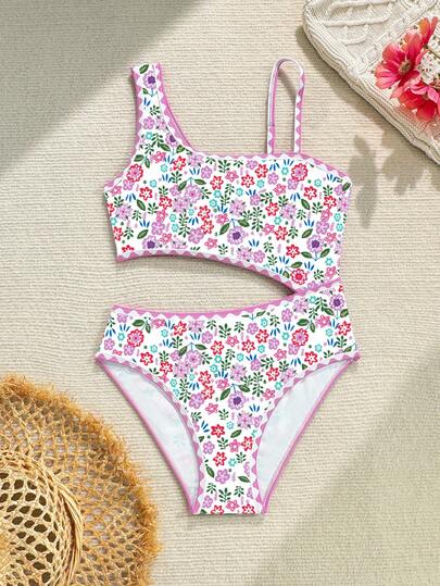 SHEIN Tween Girl Floral Print One-Piece Swimsuit, Suitable For Beach Vacation, Pool Party, Beach Party