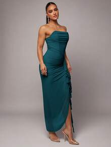 Early Spring & Summer Elegant Romantic Green Floral Print Ruffle Neck Tie Sleeve High Slit Maxi Dress, Lace Bodycon Party Dress For Valentine's Day, Date, Wedding Guest, Prom, Everyday Wear - Teal Blue - View 7