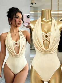 Elenzga Body de mujer de unicolor con escote pronunciado y diseño de 2 en 1 sexy tipo halter - Albaricoque - Ver 8