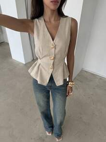 Aloruh Elegant Business Casual Khaki Sleeveless Vest Jacket, Summer Solid Color Jacket With Metal Button Decor - Khaki - View 4
