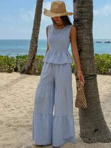 DAZY Women's Elegant Dusty Blue 2-Piece Set,Round Neck Sleeveless Ruffle Hem Camisole & Wide Leg Pants,Summer Tropical Vacation Holiday Lounge Sets - Blue - View 9