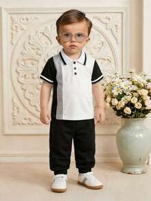 Souflis Souflis Polo de punto para bebé niño. Es adecuado para usar cuando se sale, asiste a la escuela o en fiestas. Parte superior unisex de verano - Blanco y Negro - Ver 1