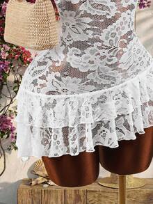 Amplova 女士蕾丝拼接双层荷叶边镂空吊带连衣裙，适合生日、约会、度假等场合 - 白色 - 查看 7