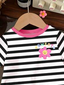 Cute Floral & Striped Pattern Young Girl Casual Minimalist Round Neck Short Sleeve T-Shirt, Suitable For Spring/Summer - Multicolor - View 5