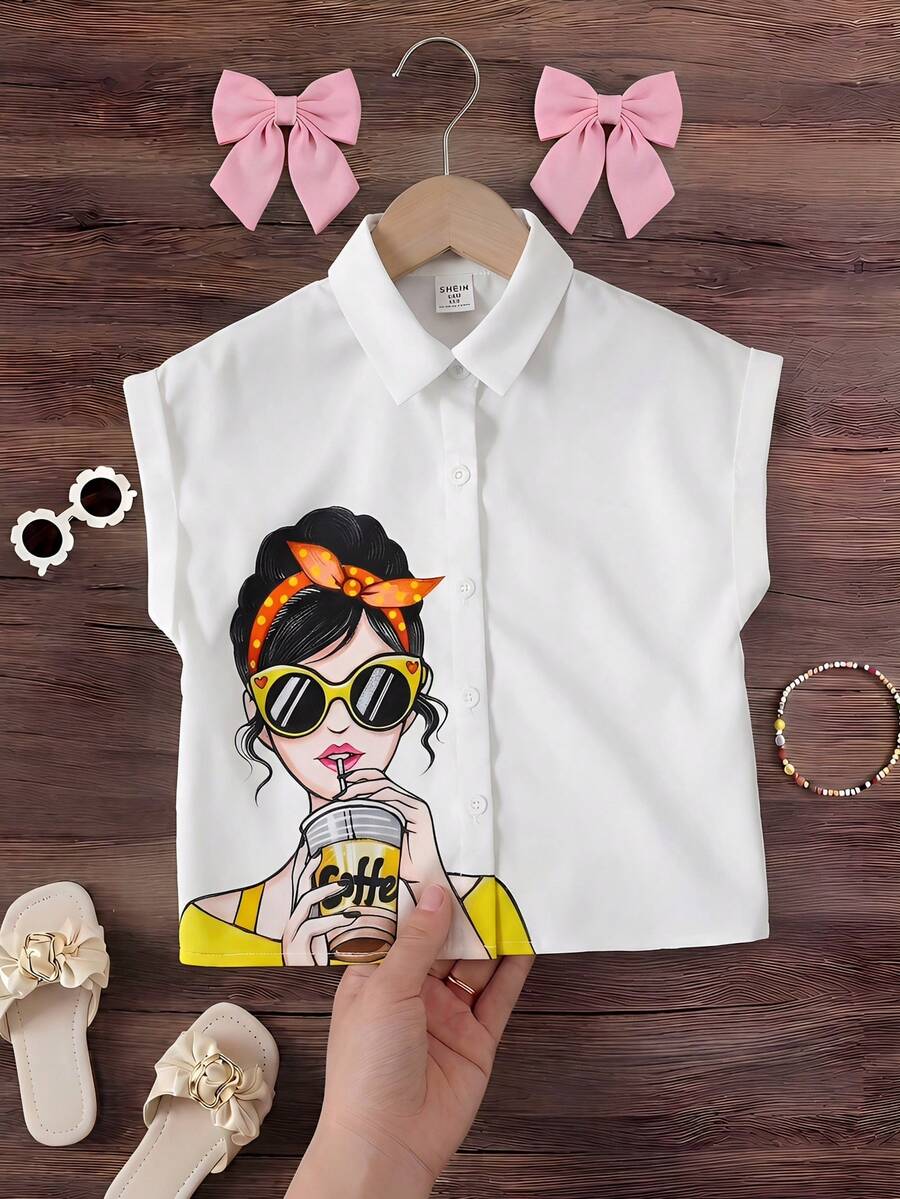 SHEIN 年轻女孩可爱图案休闲梭织衬衫 - 白色 - 查看 1