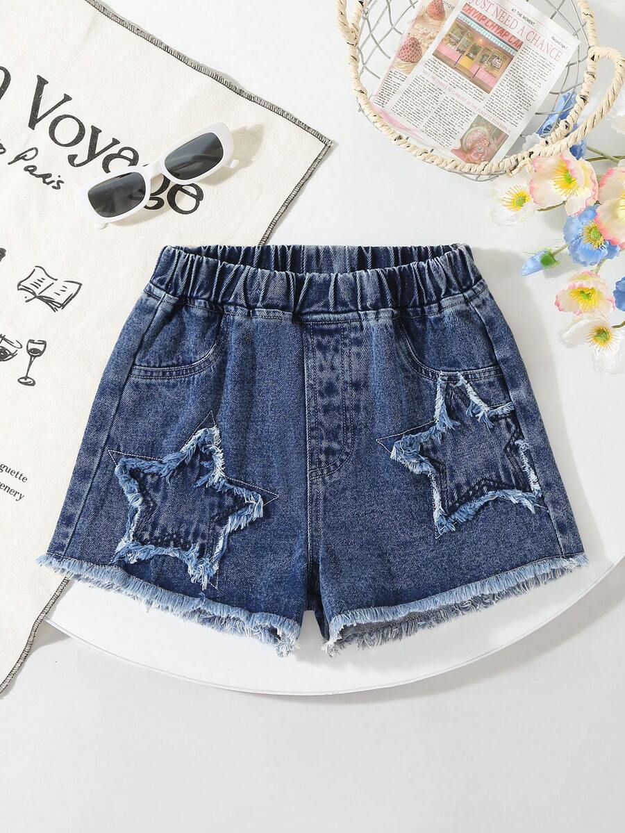 SHEIN Genkimix Kids 少女Y2K风格牛仔裤，复古褪色牛仔布，毛边裤脚，五角星刺绣，宽松版型牛仔短裤，面料柔软舒适，百搭，女童牛仔裤