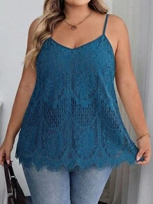SHEIN CURVE+ 大码女式花卉蕾丝宽松优雅吊带背心，适合假日、秋季、冬季穿着，尺码齐全，适合曲线身材，夏季上衣 - 水鴨藍 - 查看 3