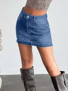 EURMUSE Low Waist Slant Pocket Y2K Mini Denim Skirt - Blue - View 4