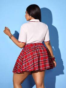 Maweii Plus Size Fashionable Rejuvenating British Style Knotted Short Sleeve Top And Pleated Skirt 2 Pieces Set - Multicolor - View 3