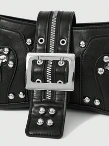 ROMWE Goth Túi đeo vai thời trang đinh tán dành cho nữ, túi đeo dưới cánh tay, túi lưỡi liềm, túi đựng đồ đi xe máy có kẹp thắt lưng - màu đen - Xem 6