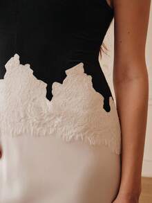 ZEYLAH Elegant Lace Patchwork Colorblock Fitted Dress, Spring/Summer - Black and White - View 2