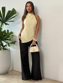 Aloruh Áo kiểu nữ màu trơn xếp ly cổ yếm bất đối xứng, thanh lịch cho công sở và kỳ nghỉ. - Màu vàng ngỗng - Xem 5