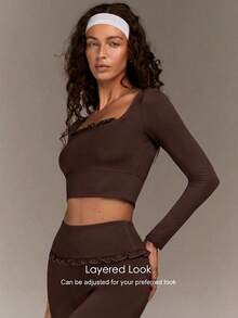 Fluxe Women's Solid Color Fitted Long Sleeve Cropped Activewear Top - Coffee Brown - View 5