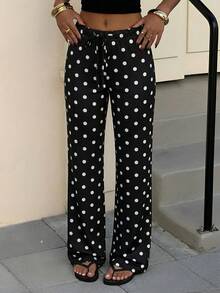 Muchica Woven Black White Polka Dot Polka Dot Women Casual Vacation Pants, Summer Business Cute For Woman Outfits Day Vacation City Break Vacation - Black - View 3
