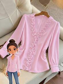 GlowEve CURVE 大码女式优雅条纹V领荷叶边串珠珍珠装饰长袖收腰褶皱衬衫，适合通勤和日常穿着 - 粉色 - 查看 1