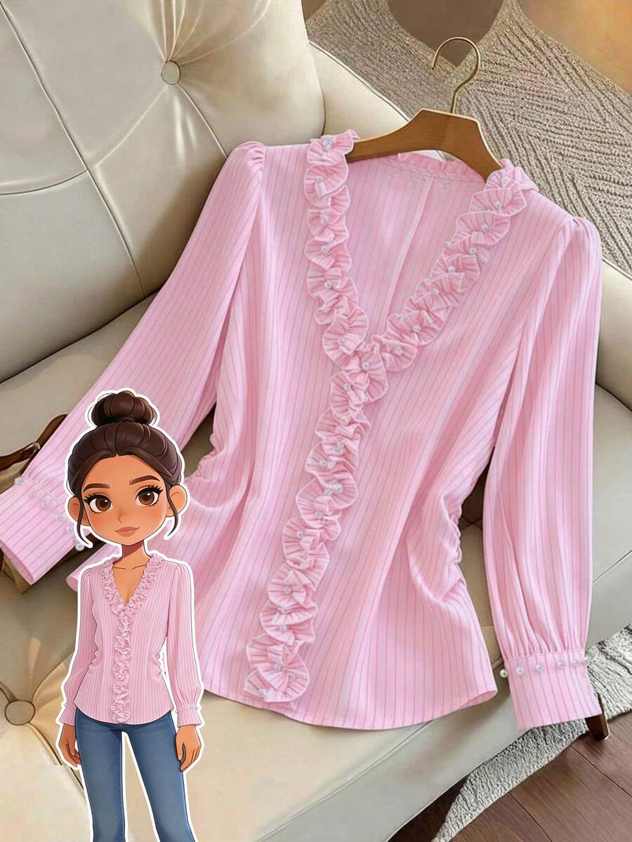 GlowEve CURVE 大码女式优雅条纹V领荷叶边串珠珍珠装饰长袖收腰褶皱衬衫，适合通勤和日常穿着 - 粉色 - 查看 1
