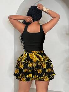 Slaydiva Plus Size Vacation Casual Solid Color Tank Top & Floral Print Layered Shorts 2 Piece Set - Multicolor - View 2