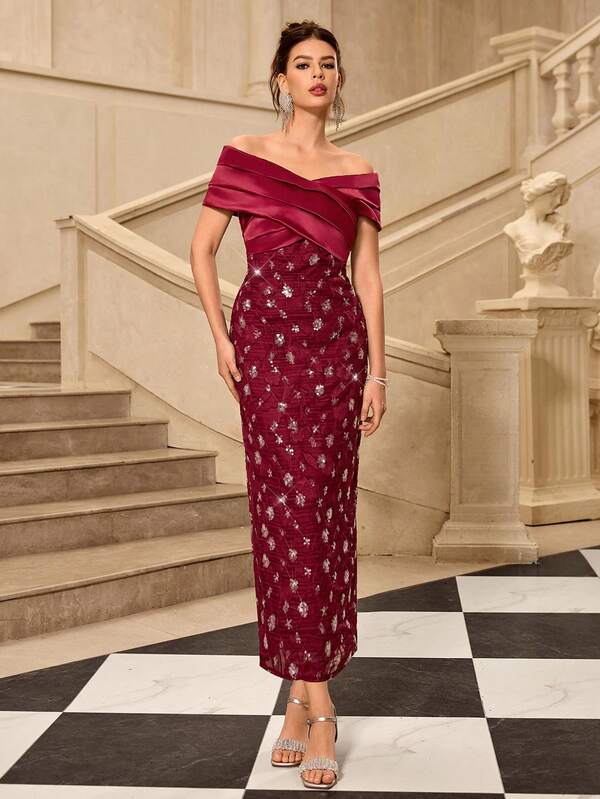 Coutiva 优雅落肩露背果绿色缎面拼接提花亮片下摆直裙后开衩派对礼服，适合生日派对、日常聚会、舞会礼服、鸡尾酒会、毕业典礼、学校开学派对等。