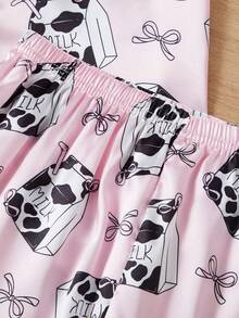 Conjunto de pijama de 2 piezas para niñas grandes, con cuello en pico, botones abajo, mangas cortas, pantalones cortos, de verano, en color rosa con ribete de satén en contraste y estampado lindo de taza de leche. Ropa de dormir, ropa de estar por casa, de tela de seda sintética suave, transpirable y ligera, de moda, elegante y con estilo para niños. - Rosa - Ver 6