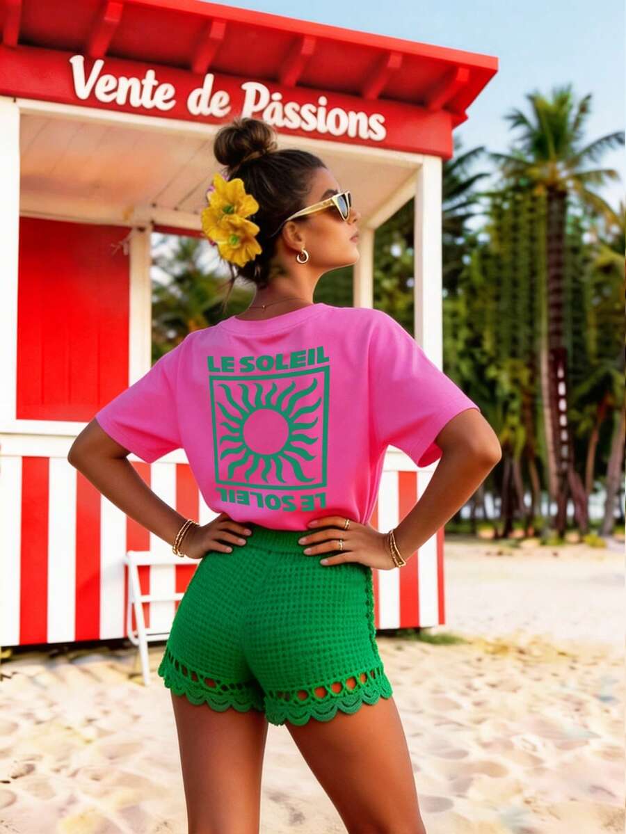 DrmWander Plus Size Summer Casual Sun & Letter Print Short Sleeve T-Shirt - Hot Pink - View 1